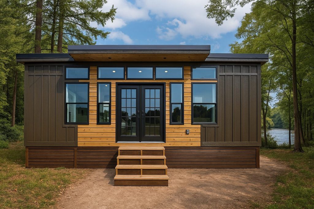 Lil Miami with modern glass doors and cedar accents among pines