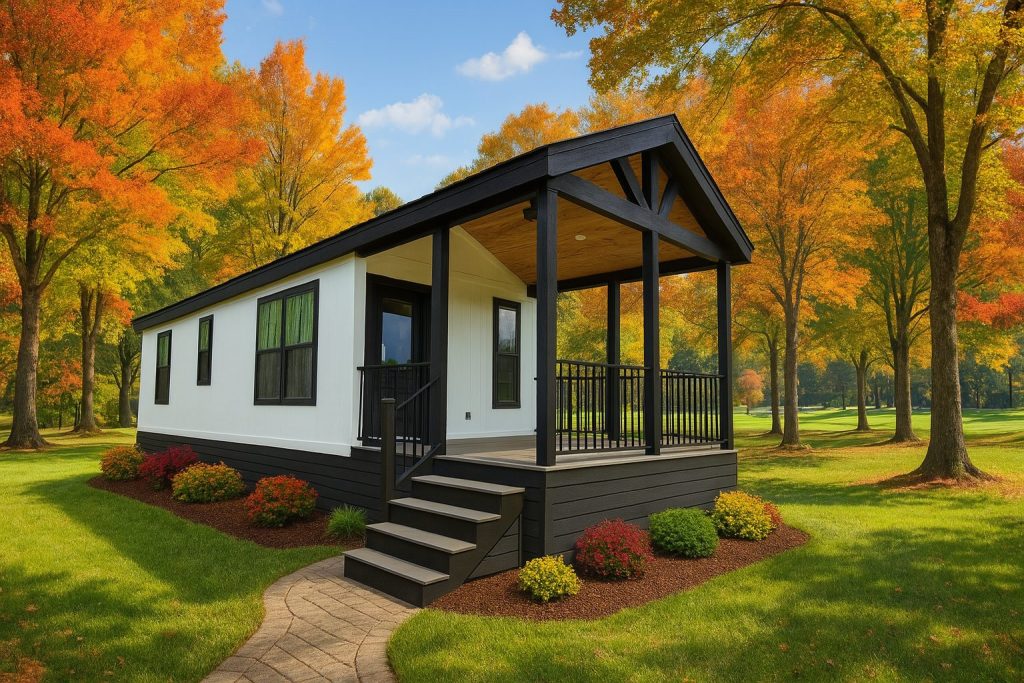 The Madison with a white exterior beside a golf course in autumn